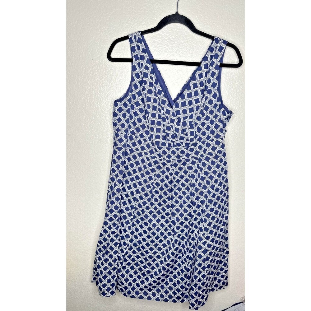 Lands' End Dress Womens 14 Geometric Print Sleeveless V Neck Side Zip Navy White